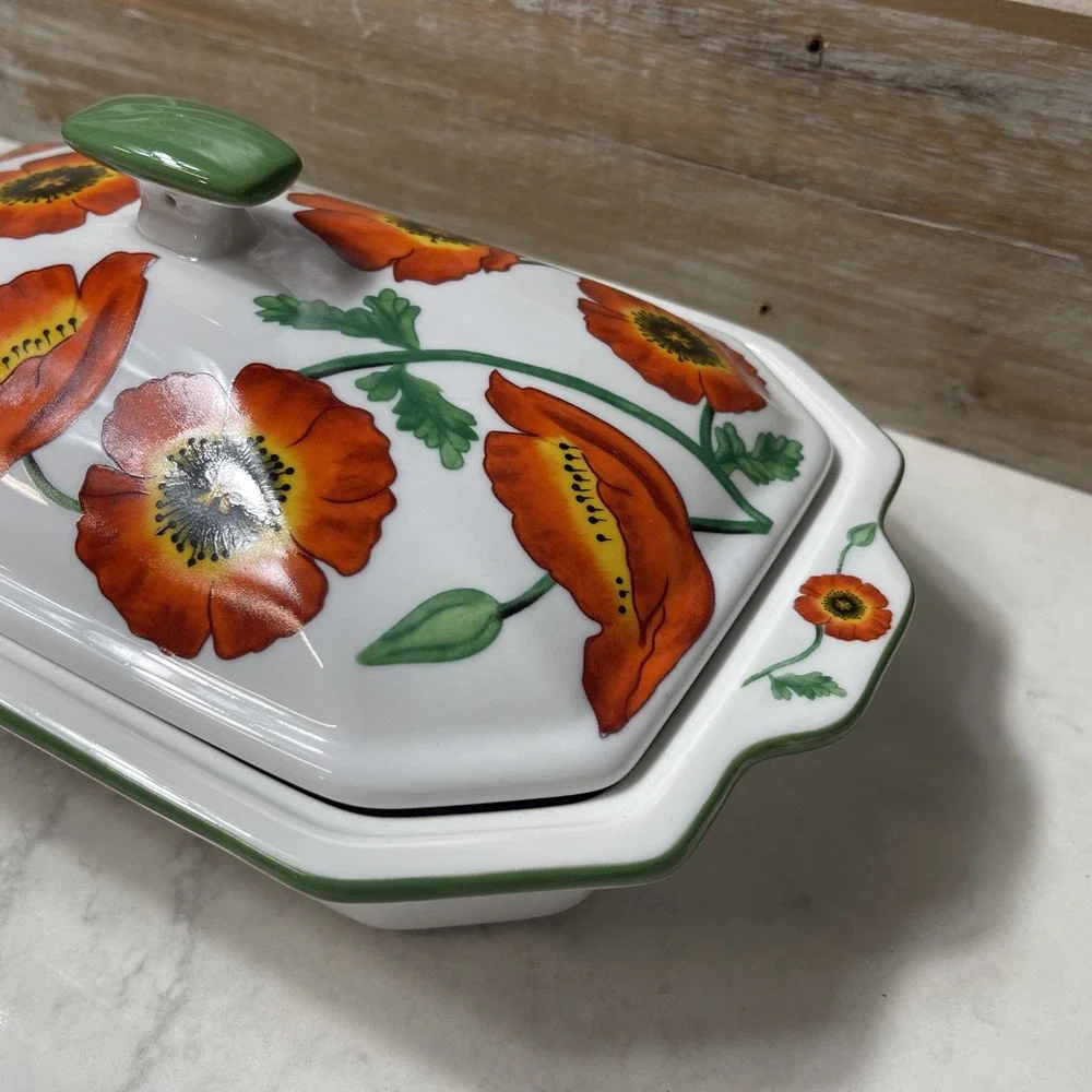 Vintage Cook Street Poppy Divided Covered Casserole Serving Dish